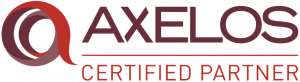 Das Bild zeigt das AXELOS-Logo mit dem Text „CERTIFIED PARTNER“ darunter. Das Logo besteht aus einem stilisierten rot-kastanienbraunen Kreisdesign, gefolgt vom Wort „AXELOS“ in fetten Großbuchstaben.