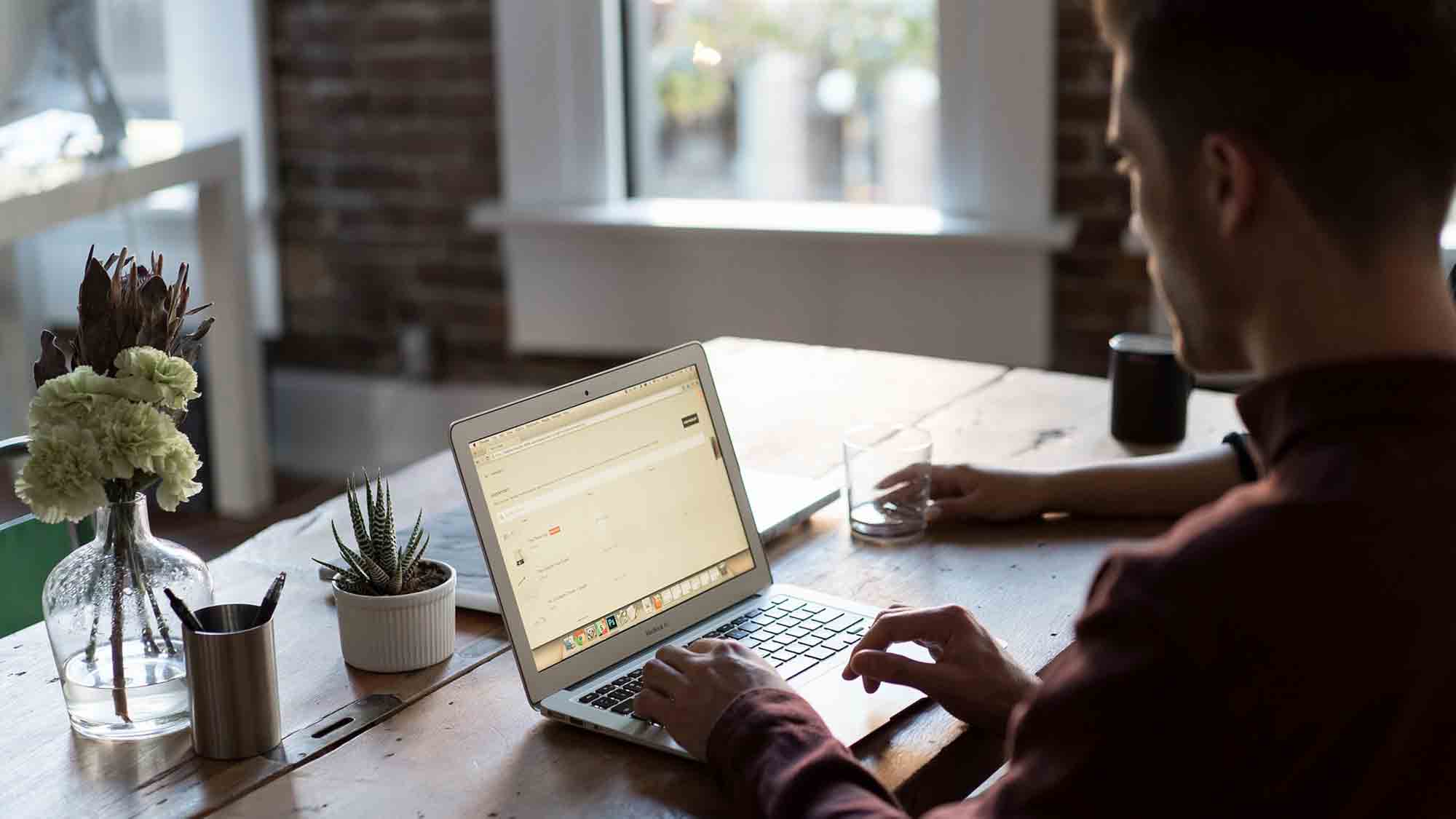 Eine Person sitzt an einem Holztisch und tippt auf einem Laptop in einem gut beleuchteten Raum mit großen Fenstern. Auf dem Tisch stehen eine Topfpflanze, ein Glas und ein Stifthalter. Die Hand einer anderen Person, die ein Glas hält, ist teilweise sichtbar.