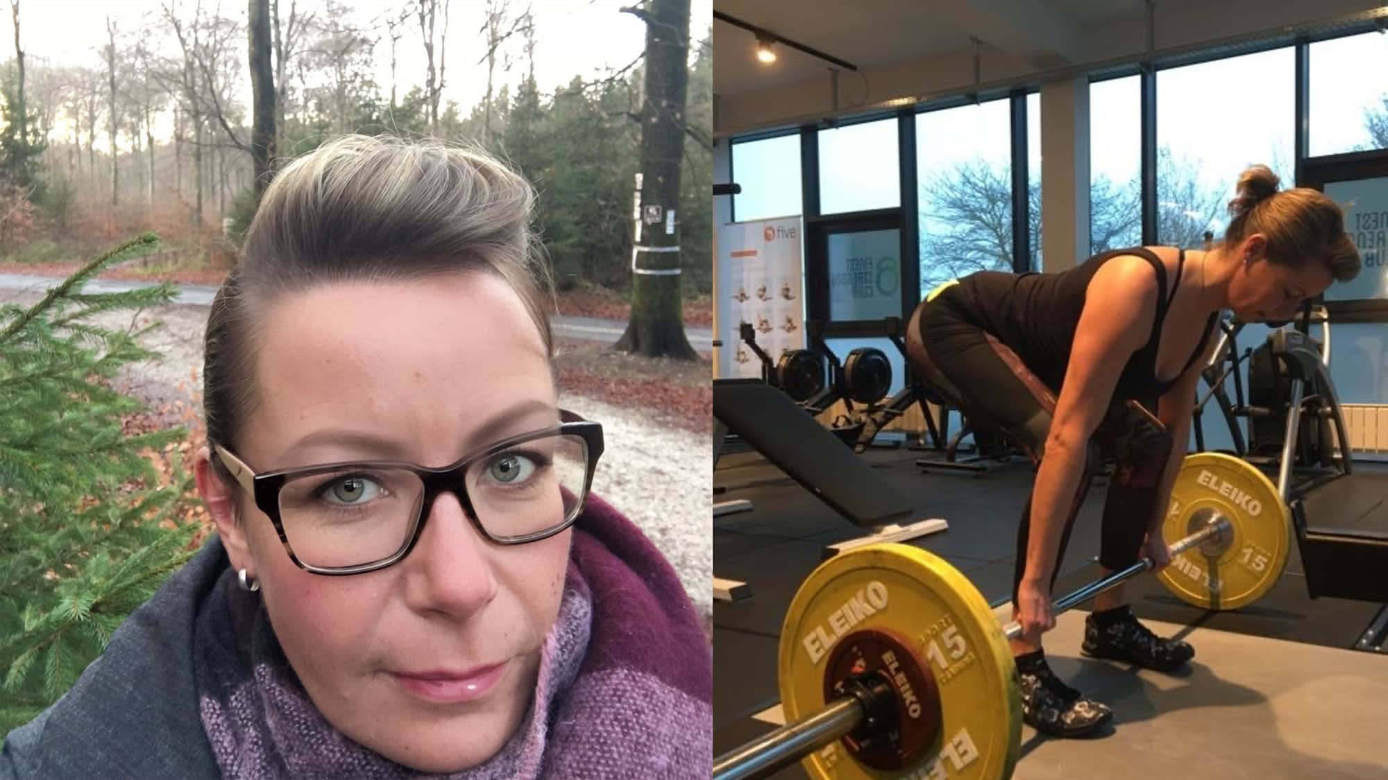 Ein geteiltes Bild: Links posiert eine Person mit kurzen Haaren, Brille und Kopftuch im Freien in einem Waldstück. Rechts stemmt dieselbe Person in einem Fitnessstudio eine Hantel mit Gewichten.