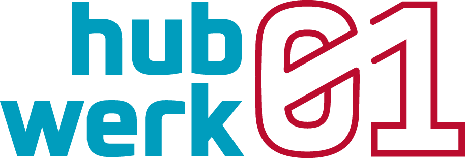 Das Bild zeigt das Logo von „hub werk01“, wobei „hub“ und „werk“ in blauen Kleinbuchstaben und „01“ in roter Umrandung geschrieben sind, sodass ein stilisiertes Design entsteht.