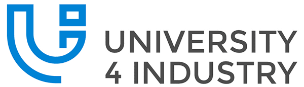 Das Logo von University 4 Industry besteht aus einem blauen stilisierten „U“ in modernem Design, gefolgt vom Namen „University 4 Industry“ in fettem, grauem Text.