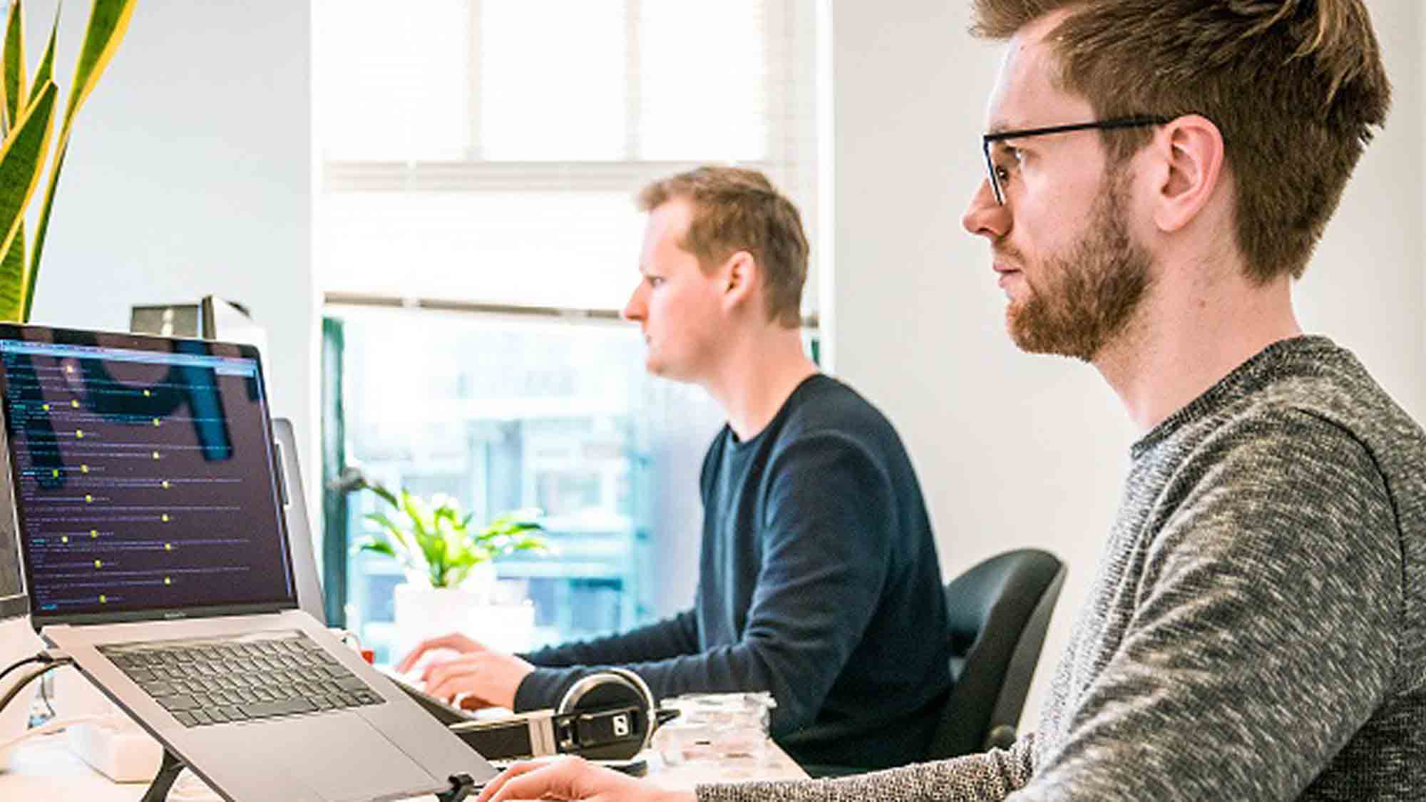 Zwei Personen konzentrieren sich bei der Arbeit in einem Büro auf ihre Computerbildschirme. Die Person im Vordergrund trägt eine Brille und einen grauen Pullover und benutzt einen Laptop auf einem Ständer. Die Person im Hintergrund arbeitet an einem Desktop-Computer. Natürliches Licht und Pflanzen sind sichtbar.