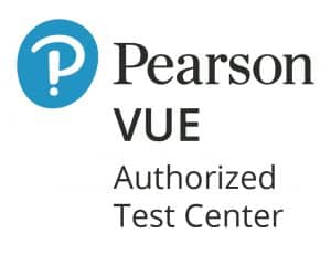 Das Bild zeigt das Logo von Pearson VUE, einem autorisierten Testcenter. Es zeigt den Pearson VUE-Text rechts neben einem blauen Kreis mit einem weißen Ausrufezeichen und einem Fragezeichen darin. Unter dem Namen stehen die Worte „Authorized Test Center“.