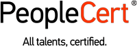 Logo von PeopleCert mit dem Text „PeopleCert“ mit „People“ in Schwarz und „Cert“ in Orange. Unter dem Namen steht der Slogan „Alle Talente, zertifiziert.“ in kleinerer schwarzer Schrift.