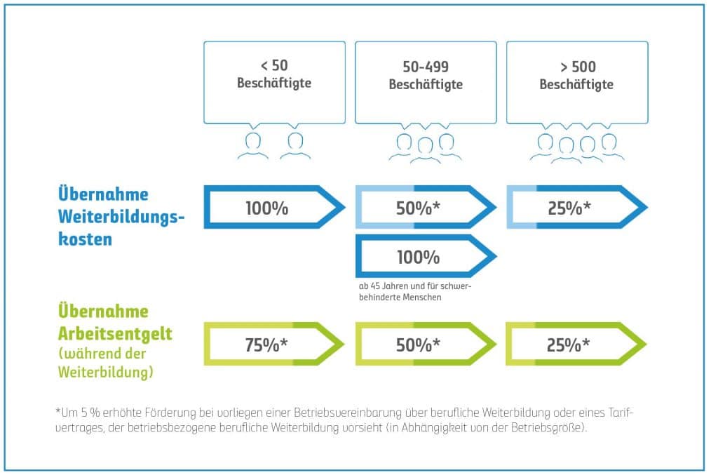 Ein Diagramm, das die Deckung der Schulungskosten und die Lohnsubventionsprozentsätze für Mitarbeiter verschiedener Unternehmensgrößen veranschaulicht. Zu den Kategorien gehören Unternehmen mit weniger als 50, 50-499 und mehr als 500 Mitarbeitern sowie besondere Bedingungen für ältere oder behinderte Mitarbeiter.