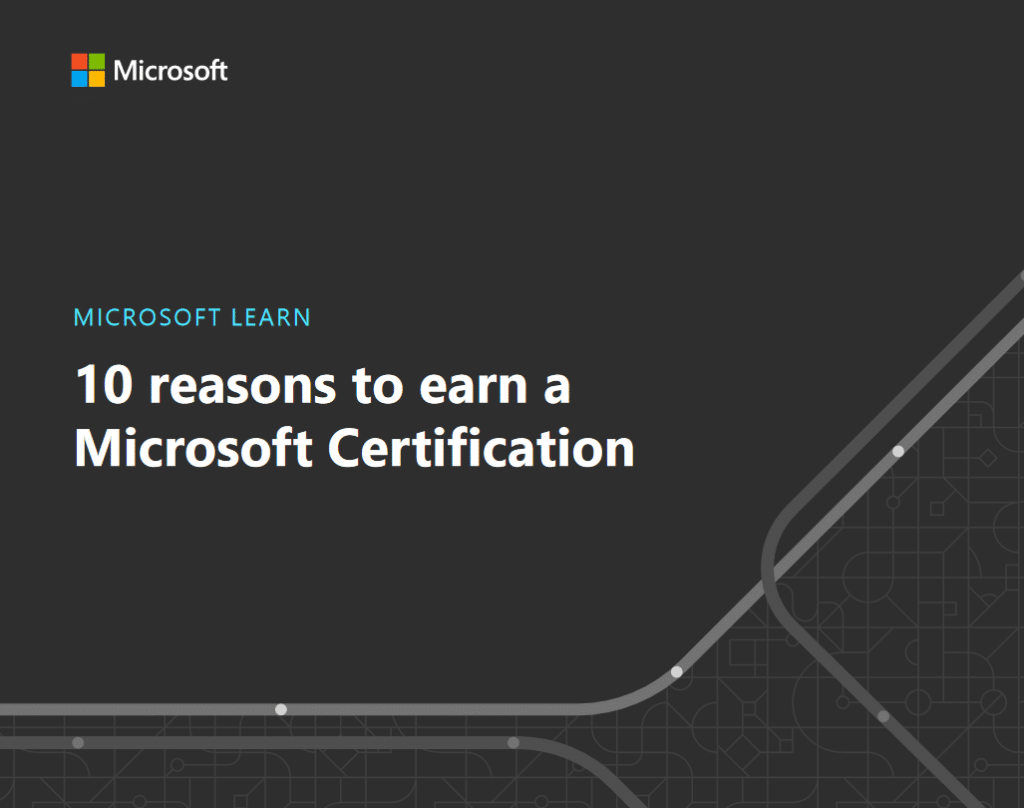 Werbegrafik mit dunklem Thema und dem Microsoft-Logo in der oberen linken Ecke. Der Text lautet „MICROSOFT LEARN: 10 Gründe für eine Microsoft-Zertifizierung“. In der unteren rechten Ecke ist ein abstraktes geometrisches Muster in Grau dargestellt.